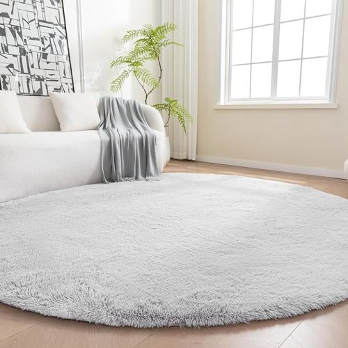 Amazon Basics Fluffy Washable Round Area Rug, Circle Shaggy Carpet for Living Room, Bedroom, Nursery, 6'R, Gray