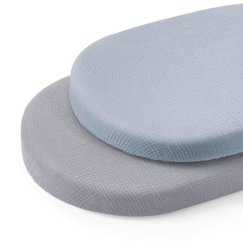 Blissful Diary Muslin Bassinet Sheets for Baby Girls Boys, Boho Soft Cotton Fitted for Oval Hourglass Rectangle Mattress, 2 Pack(Light Blue&Grey)