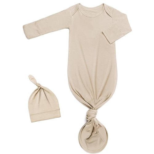 Newborn Baby Knotted Gown, Super Soft Silky Infant Long Sleeve Sleeper for Baby Girl and Boy Sleeping Bag with Hat (Grayish Apricot, 0-3 Months)