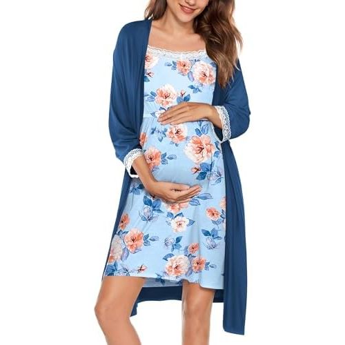 Ekouaer Women Lace Maternity Nursing Gown and 3/4 Sleeve Robe Set Double Layer Breastfeeding Nightgown Slip Dress & Bathrobe