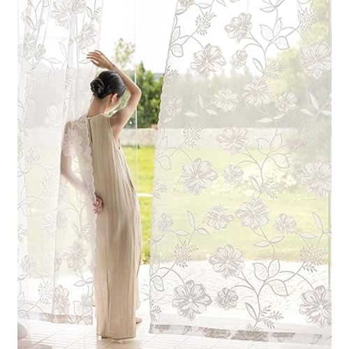 White Lace Sheer Curtains 84inch Floral Window Curtain Panel with Decorative Scalloped Edge