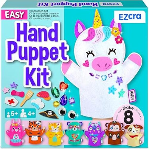 Unicorn Hand Puppet Making Kit for Kids Age 5-8 - DIY Puppet Making Craft Kit - Creative Arts & Crafts Set, Educational Gift - Pretend Play Toys - 8 Projects, Extra Stickers for Decoration