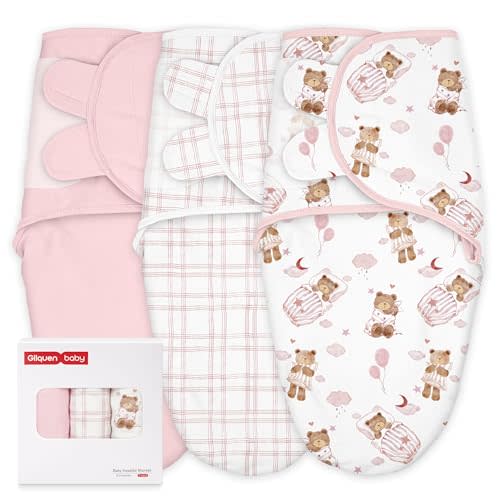 GLLQUEN BABY Swaddles for Newborns 0-3 Months, Adjustable & Easy Fastener | 3-Pack, Baby Girl Swaddles Organic Cotton Womb-Like Nursery Swaddling Blanket reduces startle reflex, Soft & Skin-Friendly