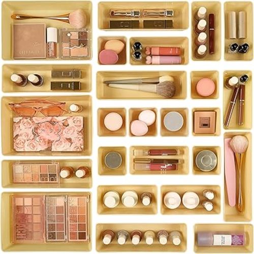 Vtopmart 25 PCS Plastic Drawer Organizers Set, 4-Size Versatile Bathroom and Vanity Drawer Organizer Trays, Storage Bins for Makeup, Bedroom, Kitchen Gadgets Utensils and Office