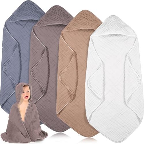 Peryiter 4 Pcs Muslin Hooded Baby Towels 32x32inch Cotton Newborn Bath Essentials Muslin Infant Blankets Absorbent Registry Baby Shower Present for Babies Girl Boy Kids (Purple Series)