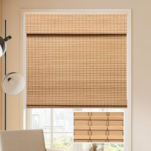 LUCKUP Cordless Bamboo Roman Blinds Shades for Indoor Windows-Blackout Room Darkening Roman Blinds with 6" Valance Cover Enhanced Privacy, 28" W x 64" H