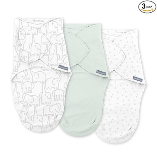 SwaddleMe by Ingenuity Monogram Collection Baby Swaddle, 100% Cotton, Improves Sleep & Calms Startle Reflex, 0-3 Months, Pocket Fold Design for Easy Changes, 1.0 TOG, 3-Pack - Elephant Dance