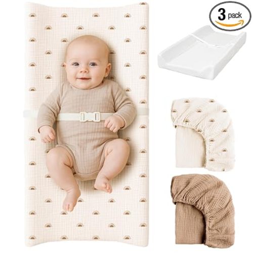 Konssy Muslin Changing Pad with Waterproof Lining Foam, Includes 2 Pack Soft & Cotton Cover, Baby Diaper Changing Pad for Dresser or Table, 32x16 inches (Sun,Camel)