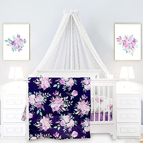 TANOFAR 4 Piece Crib Bedding Set for Girls, Purple Flower Quilt, Crib Skirt, Diaper Stacker, Soft Microfiber Comforter, Cotton