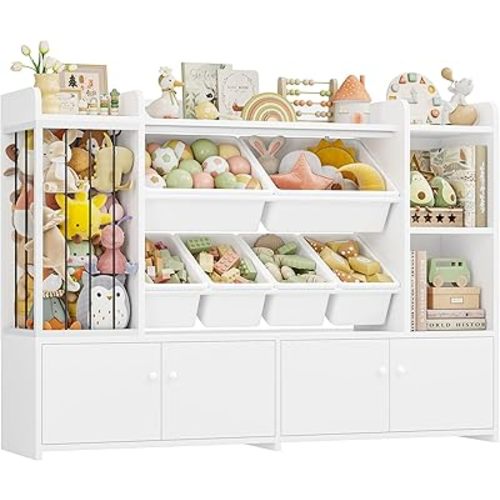 HIFIT 5-in-1 Kids Toy Storage Organizer Cabinet w/Bookshelf and Stuffed Animal Storage, 54"W Montessori Bookshelf w/6 Storage Bins, Space-Saving Toy & Book Shelf for Playroom, Kids Room, Nursery,White