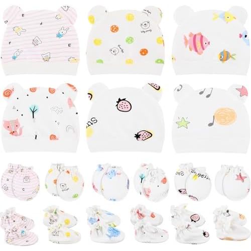 Geyoga 18 Pcs Baby Hats Mittens and Socks Set Newborn Mittens No Scratch Baby Hats and Newborn Socks for 0-6 Months