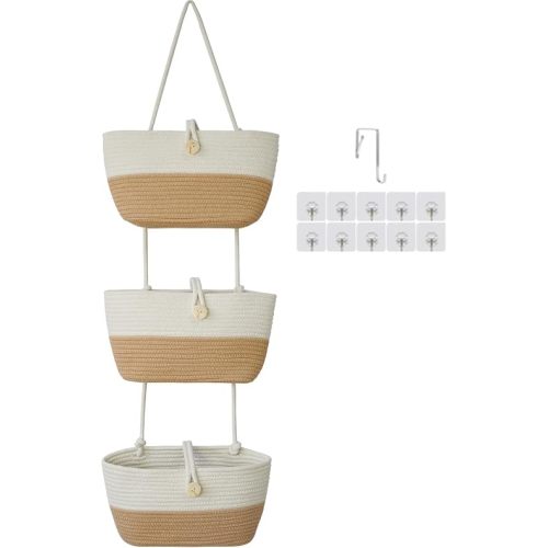 TeoKJ Over the Door Hanging Baskets with Wooden Button, 3-Tier Wall-Mounted Decorative Nursery Kitchen Baskets, White & Jute