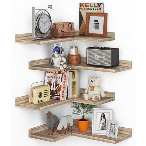 4 Tier Floating Corner Shelves - Set of 4 Rustic Wooden Floating Corner Wall Shelf with Cord Hole, L Shaped Corner Shelf Wall Mount for Bedroom,Living Room,Bathroom,Kitchen,Carbonized Black