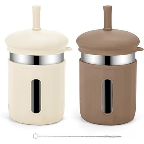Stainless Steel Kids Cups, 12.51 oz Toddler Tumbler with Straws and Lids, Spill-Proof Baby Smoothie Cup with Silicone Sleeve, Versatile 2-in-1 Drinking Snack Cups for Kids (Brown+Beige)