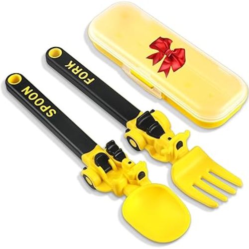 Construction Utensils for Toddlers - Motorcycle Toddler Forks - for Utensils Gift - Forks and Spoons Silverware Set - Ideal for School Lunch, Travel, Outdoors - Yellow