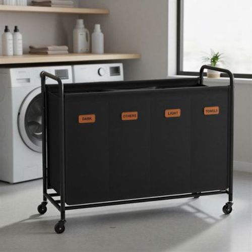 LEDREM 3-Section Rolling Laundry Cart with Wheels and Removable Bags, 31.1 x 15.8 x 35.8 inches, Black