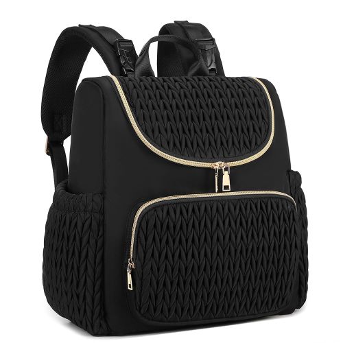 Large Capacity Diaper Bag Backpack with Stroller Buckle, Water-Resistant Travel Baby Bag with Insulated Pockets (Fashion, Black-lightgold)