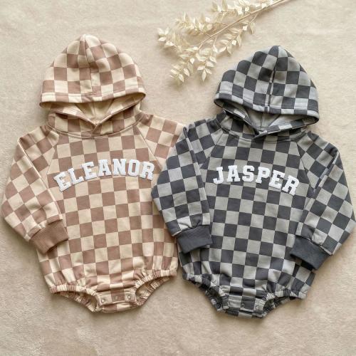 Personalized Baby Hooded Romper, Custom Puff Name Onesie, Checkered Baby Clothes, Newborn Gift