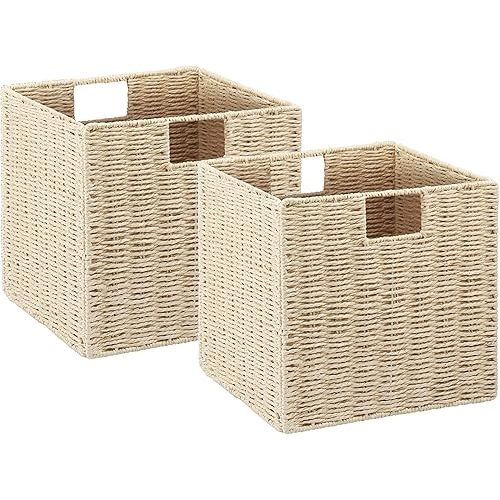 Vagusicc Wicker Storage Basket, Set of 2 Hand-Woven Storage Baskets for Shelves with Handles, Foldable Cube Storage Baskets Bins Organizer, 9 inch Wicker Baskets for Pantry Bedroom Decor, Beige