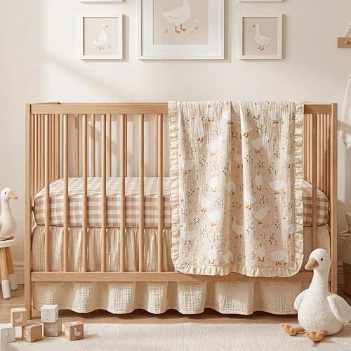 Breling Goose Crib Bedding Set of 3, Baby Nursery Sheet Quilt Bed Skirt, Coquette 100% Cotton Muslin Fitted Bed Sets for Newborn Nursery, Standard 52'' x 28''