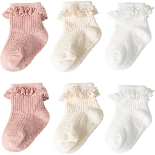 DRESHOW BQUBO Baby Girls Toddler Anti Slip Socks - Cute Frilly Ruffle Grip Ankle Socks for Infant Toddler