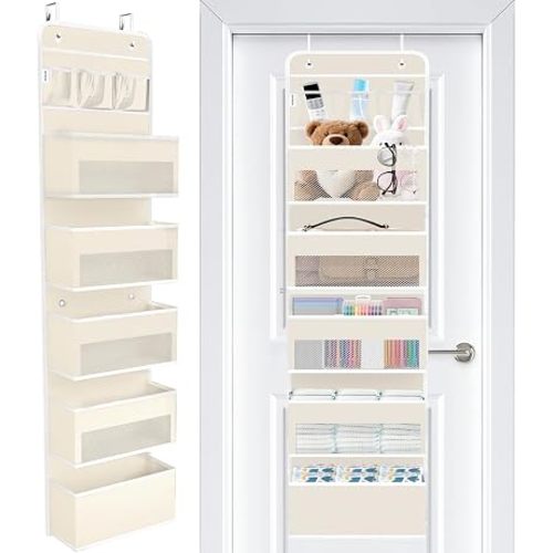 WISELIFE Over the Door Organizer - 6 Shelves Detachable Hanging Bedroom Storage Solution with 5 Large Pockets and 3 PVC Pockets for Dorm Bathroom, Pantry Nursery Baby Essentials (Beige)