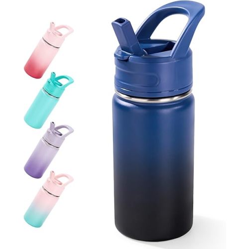 12oz Kids Water Bottle for School, Toddler Bottles with Straws, Stainless Steel Vacuum Insulated Water Bottle for Boys&Girls, Leak-Proof, BPA-Free, Blue Black