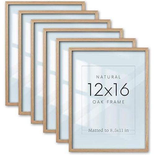 Beige Oak Wood 12x16 Picture Frame Set of 6,Display Pictures 12"x16" Without Mat or 8.5"x11" with Mat,Modern Natural Solid Wooden 12x16 Frame for Posters,Wall Art,Photos,Prints,Paintings