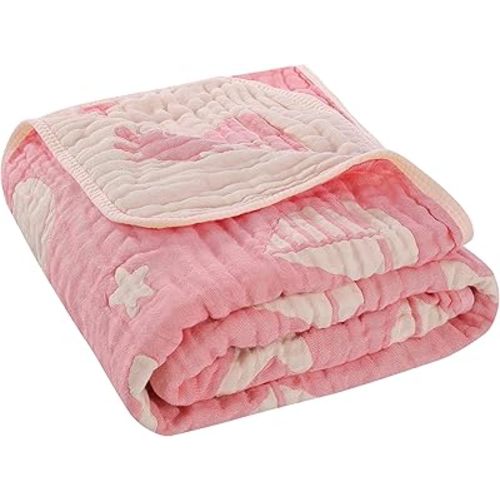 HardNok 6-Layer Muslin Baby Blanket Made with Organic Cotton - Serene Ocean Life & Sea Wonders Theme,Swaddle & Crib Quilt, 43" x 43",Pink Ocean