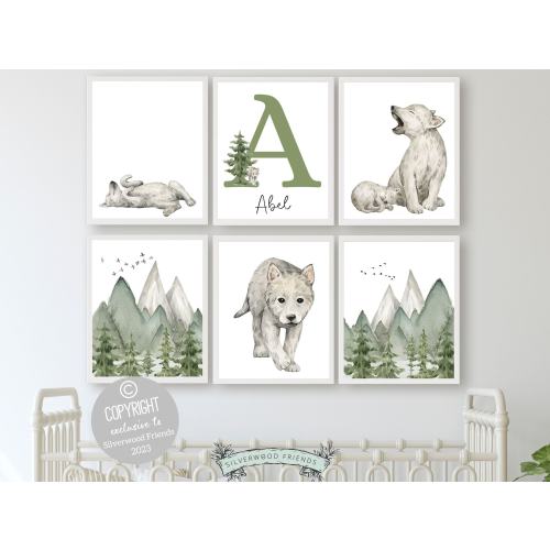 Baby Wolf Nursery Prints, Wolf Cub Nursery Decor, Mountain Nursery Print, Green Nursery Decor, Custom Baby Name Sign, Digital Nursery Print