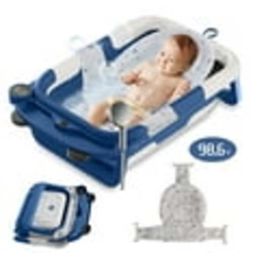 Foldable Baby Bathtub Portable Infant Baby Bath Tub with Thermometer and Shower Hole(Blue+ Net)
