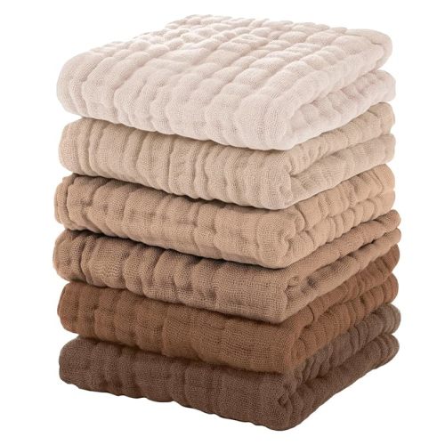 Muslin Baby Washcloths 6 Pack, 100% Cotton Wash Cloths for Babies, Large 12''X12'' Burp Cloths Absorbent and Soft for Newborn Infants Kids Boys Girls - Gradient Brown