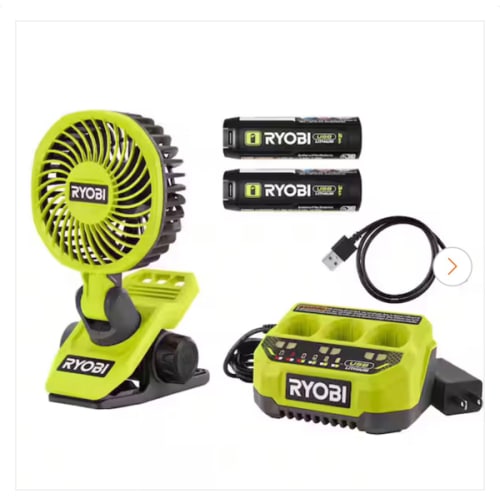 RYOBI USB Lithium Clamp Fan Kit with 2.0 Ah USB Lithium Battery, Charging Cable, 3 Ah Battery, and USB Lithium 3-Port Charger FVF51K-FVCH01-FVB03