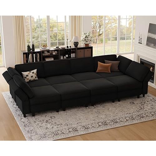 Belffin 114.2" 8 Seat Modular Sectional Sofa,Comfy Couch with Deep Storage Seat,Convertible Velvet Modular Sleeper Sofa with Movable Ottoman Chaise,Upholstered Sectional Couches for Living Room,Black