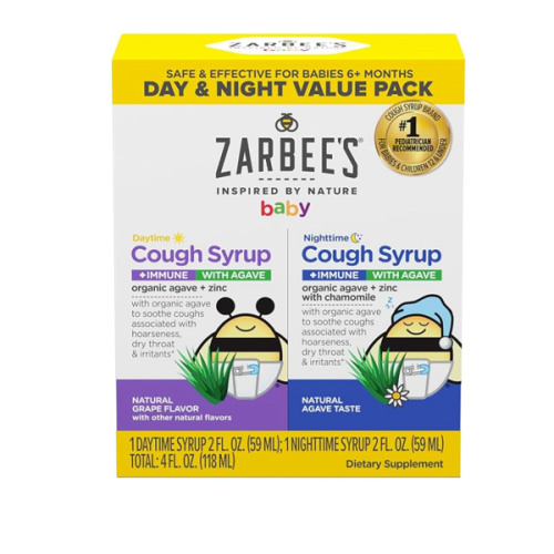 Zarbee's Baby Day & Night Cough Medicine & Syrup Value Pack with Organic Agave + Zinc for Immune Support, Natural Grape Daytime & Chamomile Nighttime, Baby Cough Medicine, 2 x 2 fl oz