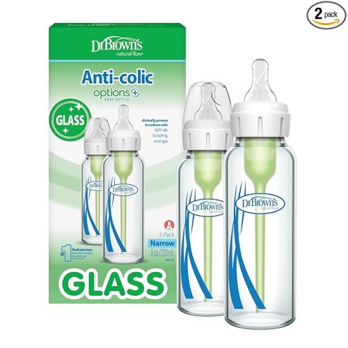 Dr. Brown's Anti-Colic Options+ Narrow Glass Baby Bottle with Level 1 Slow Flow Nipple, BPA-Free, 8 oz/250 mL, 2-Pack