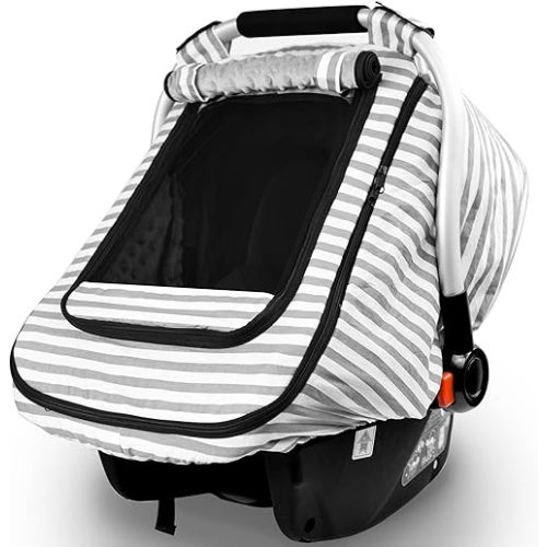 Car Seat Covers for Babies,Baby Car Seat Cover for Boys Girls,Windproof Infant Carseat Cover,Kick-Proof Car Seat Canopy with Breathable Mesh Peep Window,Stripe Print