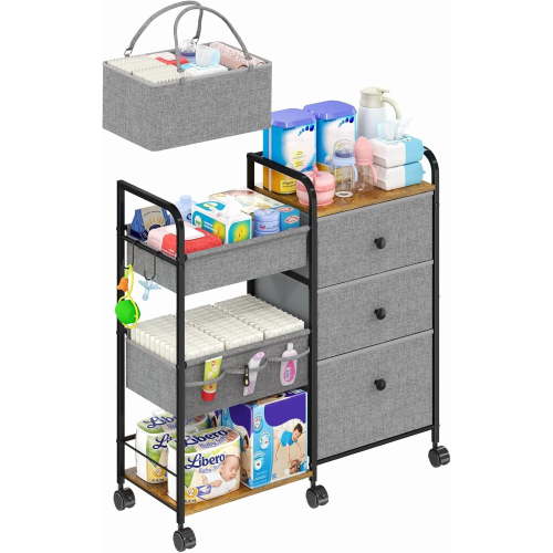 Huxidaja 3-Tier Baby Diaper Caddy Rolling Cart, Mobile Nursery Storage Organizer with Drawers, Grey