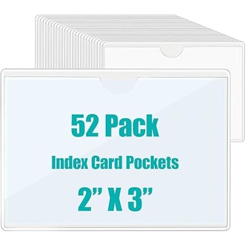 52 Pack Adhesive Pockets 2x3 Inch Labels for Storage Bins Clear Plastic Index Card Holder, Label Holder with Top Open for Loading Tote Labels for Organizing Bins Box Drawer