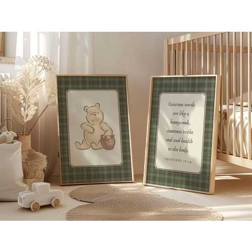 Vintage Winnie the Pooh Wall Art, Set of 2 Christian Nursery Prints, Bible Verse Playroom Decor, Baby Boy Nursery, Printable Nursery Decor