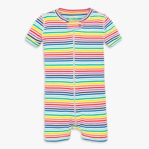 Clearance baby organic short sleeve zip romper in rainbow mini stripe | Primary.com