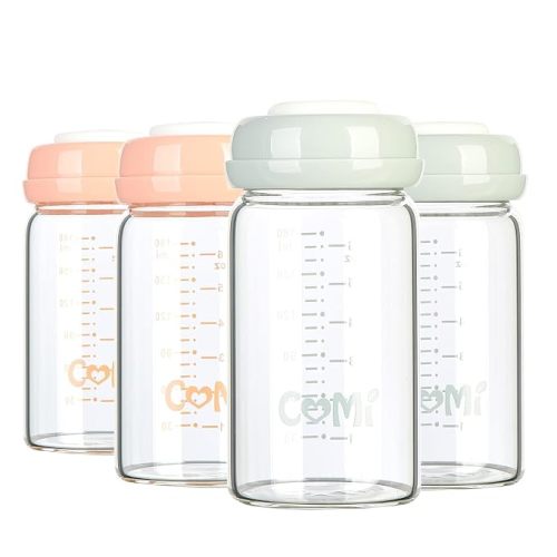 COMI Wide Neck Glass Breastmilk Collection n Storage Bottle, 4 Packs, 6oz with Screw Ring Sealing Disk; Re-markable Sealing Disc. BPA Free, Fits Breast Pumps & Nipples (4 Gray Lids)