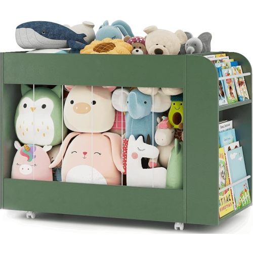 Wooden Kids Bookshelf and Toy Storage Organizer with Side Drawing Chalkboard, 3-in-1 Mobile Stuffed Animal Storage Zoo, Rolling Toy Box Container on 4 Wheels for Kids Room Playroom Nursery, Green