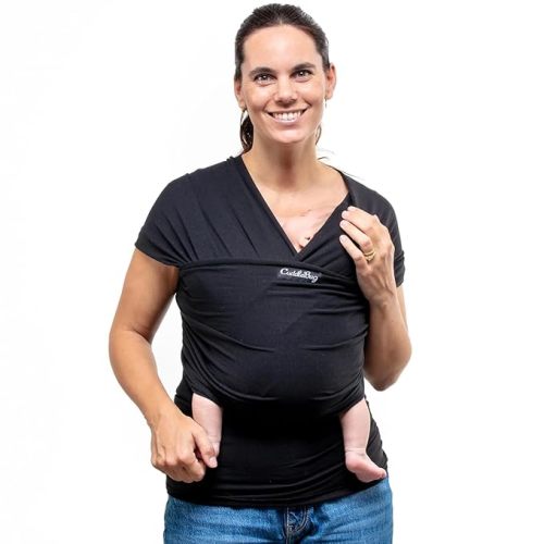 Cuddlebug Hands-Free Baby Carrier - Soft & Stretchy Wrap for Newborn to Toddler 7-35 lbs - One-Size-Fits-All Hip-Healthy Holder (Black)