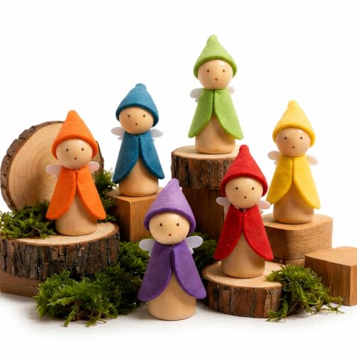 Sing2sky 6 PCS Wooden Dollhouse People, Wooden Peg Dolls | Fairy Elf Figures for Kids, Montessori Waldorf Wooden Dolls for Fairy Garden & Dollhouse Accessories, Ages 3+