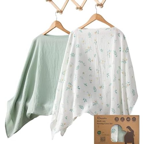 Nursing Cover for Breastfeeding, 2 Pack, 100% Cotton Muslin, 360° Privacy, Lightweight & Breathable, Multi-Use Baby Car Seat & Stroller Cover, Golden Yellow & Fresh Green