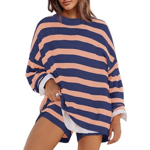 Panadila Womens Striped Sweater Set Oversized Lounge Sets Matching Pajamas Long Sleeve Sweater Top and Shorts