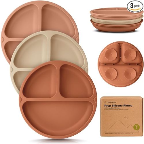 KeaBabies Suction Plates for Baby, Toddler - 3-Pack 100% Silicone Toddler Plates with Suction, Divided, BPA-Free Baby Led Weaning Essentials for Kids, Dishwasher, Microwave Safe, Durable (Terracotta)