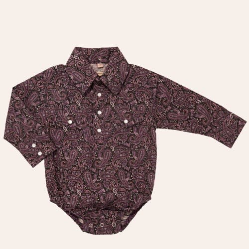Rafter C Infant Boys' Chocolate Paisley Print Long Sleeve Pearl Snap Western Shirt Onesie | Cavender's