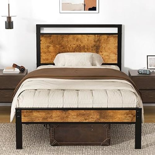 Z-hom Upgraded Twin Bed Frames, Heavy Duty Metal Sturdy Bed Frame Twin Size with Modern Wood Headboard & Footboard, Stable Platform Bed Furniture Bed Storage, No Noise, No Box Springs, Vintage Brown